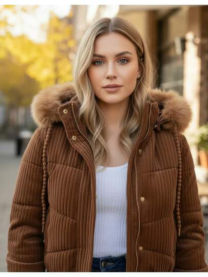 Jaqueta Feminina Puffer Veludo Cotelê Peluciada Inverno