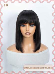 QVR QUEEN VIRGIN REMY QVR免胶直发波浪短波波头假发，带刘海，精灵短发造型，2*1迷你发际线，逼真自然假发 - Natural Black - 查看 13