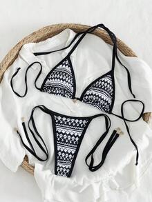 Bộ bikini 2 mảnh họa tiết hình học mùa hè 2026 dành cho nữ, kiểu dáng thanh lịch, gợi cảm, hở lưng, buộc dây, thích hợp cho kỳ nghỉ biển. - Đen và trắng - Xem 5