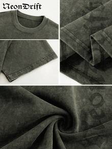 Y2K,Vintage Shirts Men Style "NOTHING BUT THE BLOOD OF JESUS" Print Washed Thickened Cotton T-Shirt - Creative Design, Unisex Casual Street Style, Surprise Gift, One Retro Washed 230g Top, Thickened Pure Cotton Material - 橄欖綠 - 查看 4