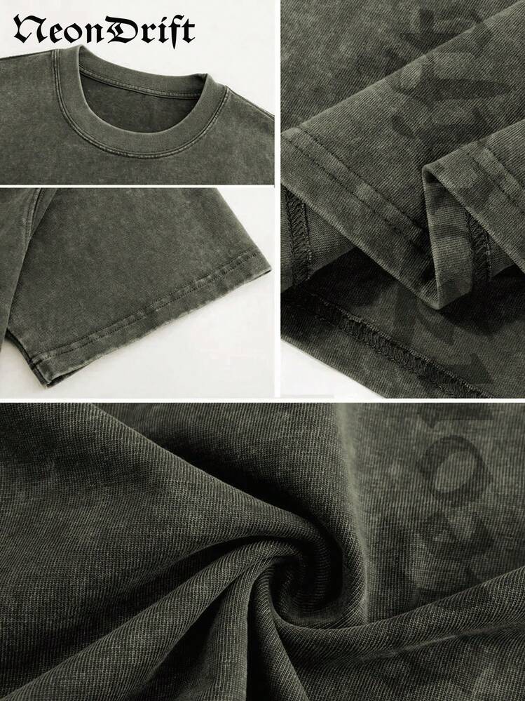 Y2K,Vintage Shirts Men Style "NOTHING BUT THE BLOOD OF JESUS" Print Washed Thickened Cotton T-Shirt - Creative Design, Unisex Casual Street Style, Surprise Gift, One Retro Washed 230g Top, Thickened Pure Cotton Material - 橄欖綠 - 查看 4