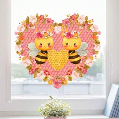 1pc Summer Heart Honey Bee Window Stickers, With Yellow Honey, Bees, And Pink Flowers Honey Design Window Decor Stickers, Heart Shape, Self-Adhesive Removable PVC Stickers, For Home Window Wall Decor, Single Use