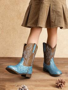 Girls Blue Cowgirl Boots Glitter Western Style Toddler Cowboy Boots Child Mid Calf Rhinestone Riding Shoes Party Birthday Dress Up For Toddler/Little/Big Kid Party School Holiday Dress Up - Màu xanh lam - Xem 9