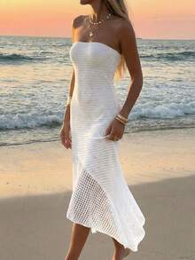 Đầm dệt kim mùa hè màu trắng khoét cổ, thiết kế bất đối xứng gợi cảm dành cho nữ, thích hợp cho kỳ nghỉ biển. - trắng - Xem 3