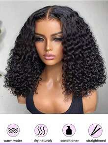 女士蓬松卷曲波波头蕾丝前额真人发假发 1B 自然黑 13X4 耳到耳蕾丝前额假发 200% 密度 真人处女发 Jerry Curly - Natural Black - 查看 3