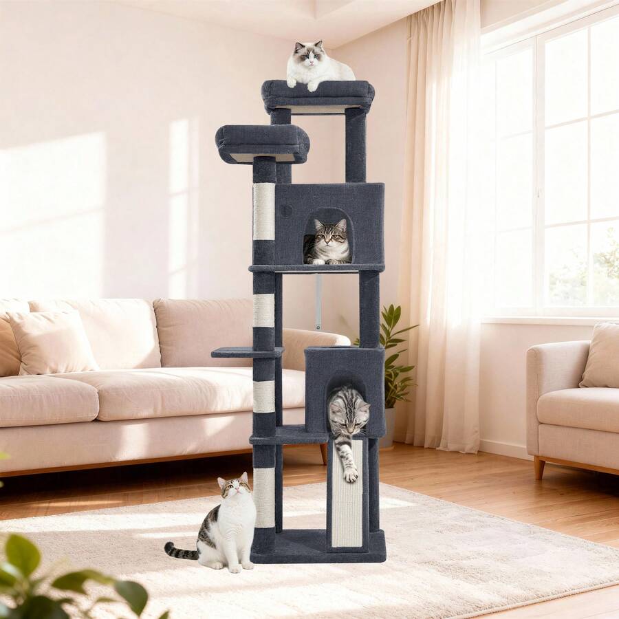 HEXCELEN Cat Tree Tower, 178cm Cat Tree For Indoor Cats, Multi-Level Cat Climbing Frame With Scratching Posts, Scratch Board, 2 Comfy Condos, 2 Perches, Pompoms, Rest Place - 深灰色 - 查看 1