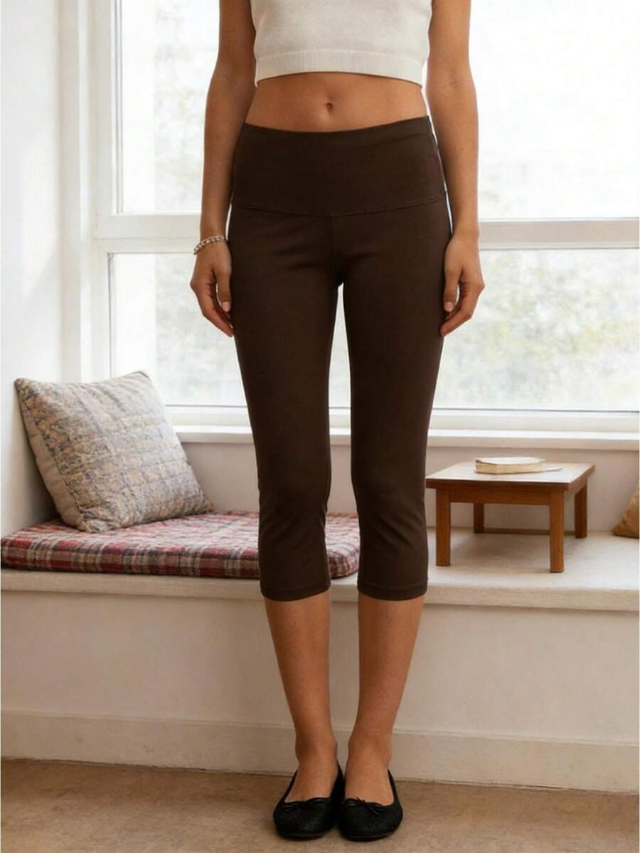 Womens Low Rise Capri Pants Fold Over Waistband Solid Color Slim Fit Cropped Pants Trousers - Brown - View 1