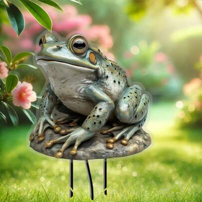 1pc Artistic Frog Garden Decor, Acrylic Frog Figurine With Stone Base, Shadowless, Suitable For Outdoor Lawn And Balcony Planter Decoration, Christmas Theme, Animal Pattern, Plastic Material, No Power Supply Needed