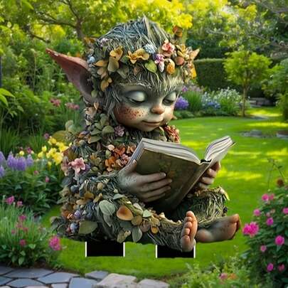 梦幻波西米亚风仙女阅读花园装饰牌 - 2D平面设计，饰以花卉和蝴蝶图案，适用于庭院、草坪和花园装饰，无需电源，易于安装，配有支架