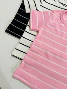 Women's Ribbed Cotton Striped Basic Two-Tone T-Shirt - Casual Autumn/Winter/Summer American Style - 藍色條紋BB - 查看 3