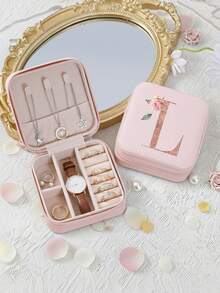 Elegant Mini Travel Case For Women & Mom, Stylish Floral Initial Pink Organizer, Compact Storage Box For Earrings & Rings. Ideal Gift For Honeymoon, Birthday, Anniversary, Travel & Outdoor Use,Back To School Season Jewelry Storage - Multicolor - View 14