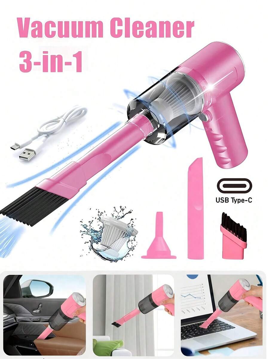 3-In-1 Handheld Vacuum Cleaner - 2000mAh Battery, Fast Charging, Powerful Wet/Dry Suction For Car, Home And Pet, USB-C Charging, Washable Filter, Low Noise Air Purifier And Multi-Function Nozzle Set, Essential For Car Detail Cleaning, Keyboard Cleaning, Desktop Organization