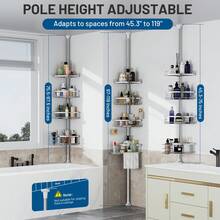 CADIMAC Corner Shower Caddy Tension Pole, 4 Tier Adjustable No Drill Rustproof Large Capacity Space-Saving Shower Shelves Organizer Storage Rack 45.29-119in For Bathroom Bathtub Family Renters, Silver - Bạc - Xem 3