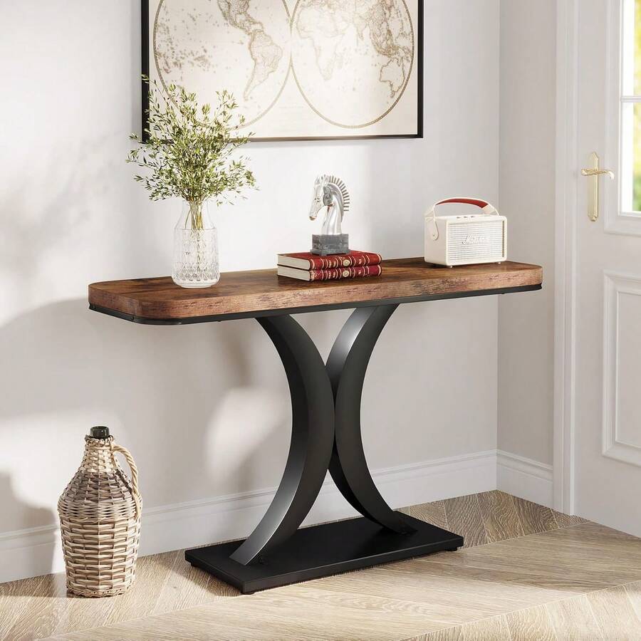 LITTLE TREE Industrial Console Table, 100cm Narrow Hallway Table With Geometric Base, Rustic Side Table For Living Room, Entrance - Brown - View 1
