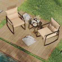 Juego de bistró mecedor de 3 piezas, muebles de patio de acero negro, juego de sillas de porche con mesa de centro de vidrio y cojín de respaldo, para balcón, jardín, terraza y patio trasero - Albaricoque - Ver 7