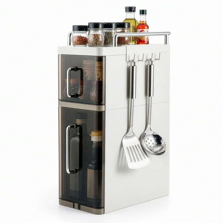 Kitchen Storage Cabinet Organizer With Hooks, Slim Side Storage Rack For Spices, Utensils & Bottles, Space-Saving Floor Standing Storage Unit For Small Kitchens - 查看 11