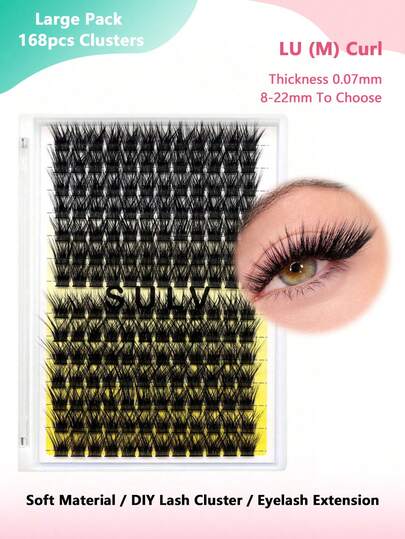 Sulv Lashes 168PCS LU/M Curl Fluffy Lash Clusters Thick Volume Eyelash Clusters 8-10-12-14mm Mixed/12-14-16-18mm Mixed/14-16-18-20mm Mixed/16-18-20-22mm Mixed Wispy Individual Lashes Cluster Eyelash Extensions DIY Lash Extension For Beginners