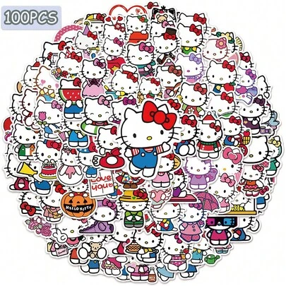 SANRIO 50-100张Hello Kitty可爱贴纸 - PVC涂鸦装饰，适用于手机、滑板、吉他和冰箱