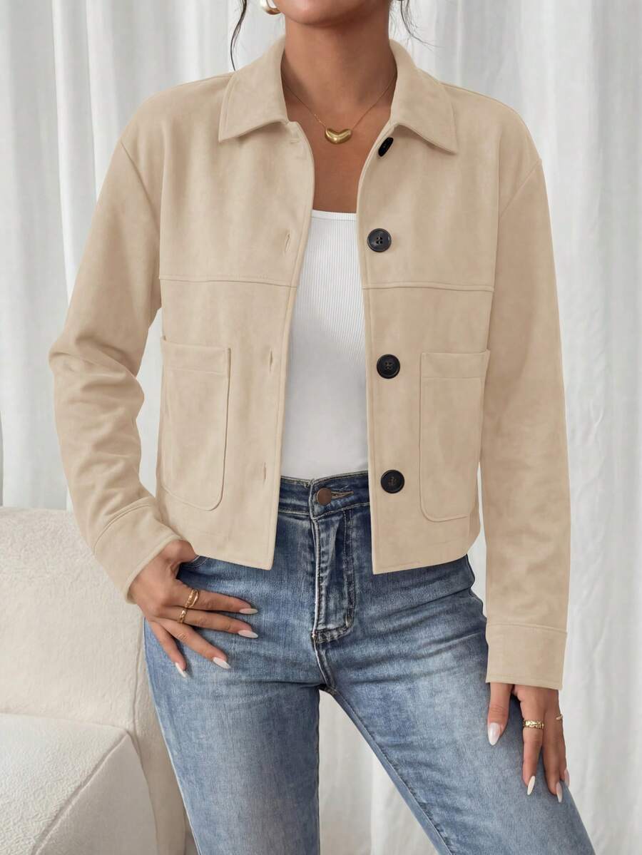 Women's Faux Suede Cropped Jacket Casual Fall Fashion Button Down Winter Coats Outerwear Clothes Christmas New Years Outfit Women - 米色 - 查看 1