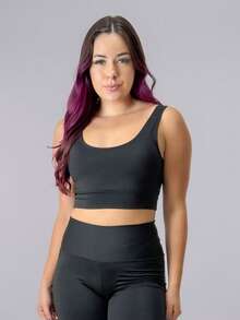 KIT 2 Tops In Suplex With Removable Padding, Double Fabric, Wide Waistband, Comfortable For The Gym Ref.866. Basic Black Cropped Fitness Top With Neon Pink Gradient Tie-Dye Print. - 1 màu đen + 1 màu hồng neon phối gradient - Xem 2