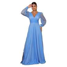 Elegant Women's Long Dress With Long Sleeves And Pleats, Suitable For Bridesmaids, Bridesmaids, Mothers Of The Bride, Groomsmen, Weddings, Graduations, And Evangelical Fashion. - 寧靜藍 - 查看 8