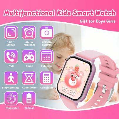 Smartwatch para niños y adolescentes, pantalla grande de 1.83 pulgadas, alertas de llamadas y mensajes, modos deportivos, emparejamiento por código QR, información meteorológica, componentes personalizados, imprescindible para la vida diaria de los niños