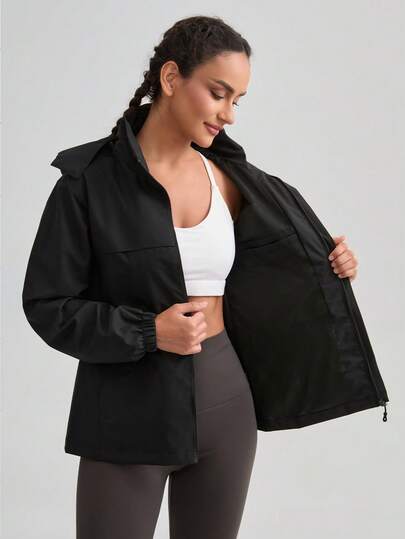 1pc Colorblock Windbreaker Jacket, Women's Spring/Autumn Outdoor Sports Lightweight Waterproof Hooded Coat