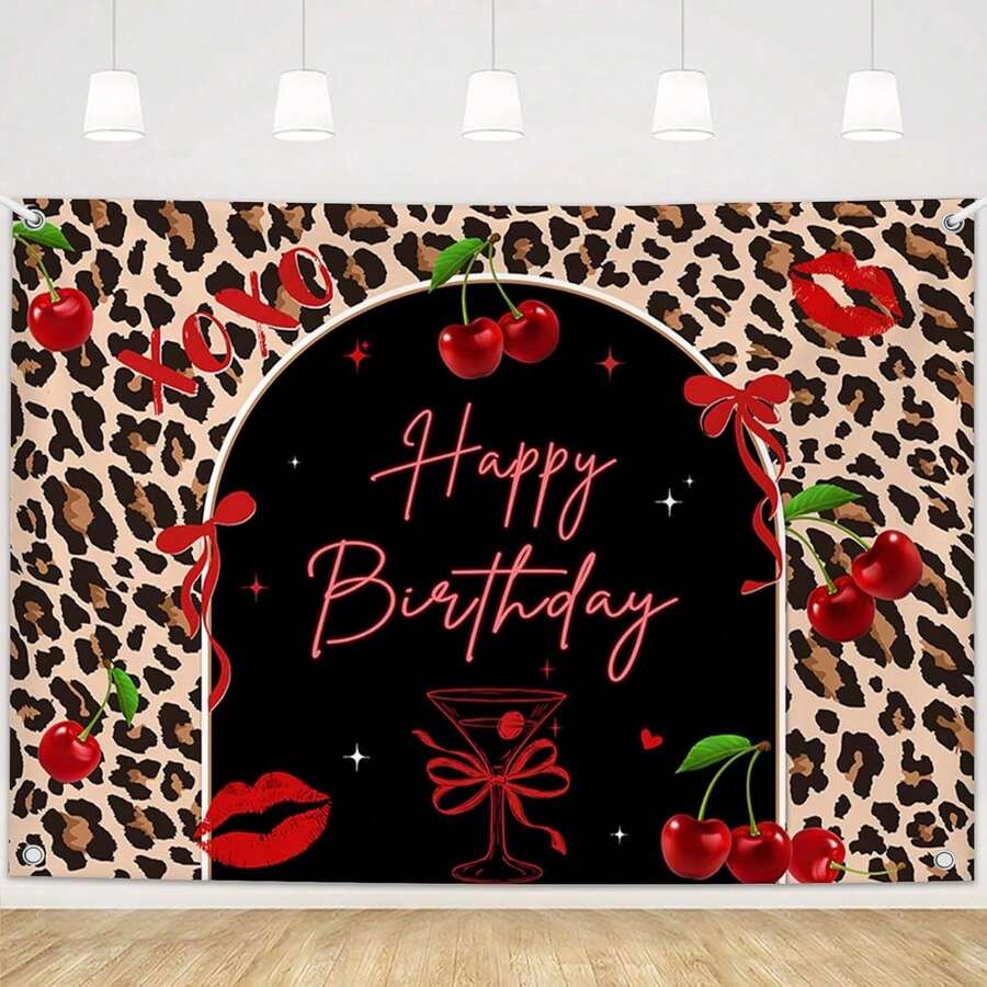 1 Pc Cheetah Cherry Birthday Tapestry, Backdrop, Black And Red Cheetah Print Wild Birthday Party Background For Girls, Let's Get Wild Photography Banner For Baby Shower Bachelorette Decor (No Grommets),Wall Tapestry, 100% Polyester,Multiple Size 40*30in-90*60in - 1PC - 查看 1