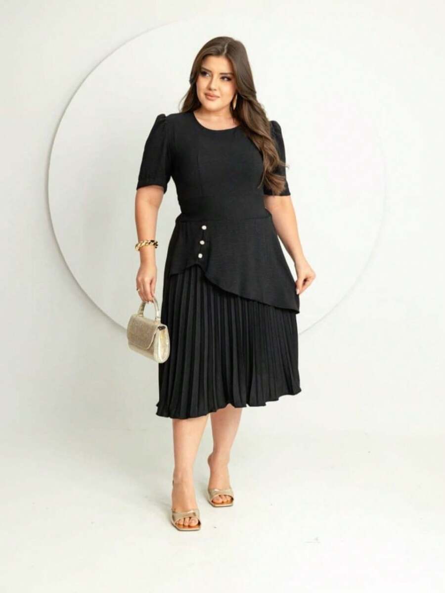 Elegant Casual Button Pleated Wrinkled Holiday Beach - Black - View 1