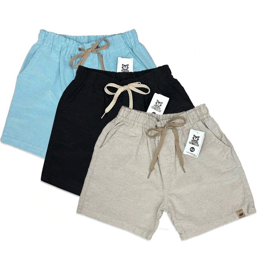 Set Of 3 Premium Linen Shorts For Children And Teens, Bermuda Style, Sizes 2-16 - 黑與白 - 查看 1
