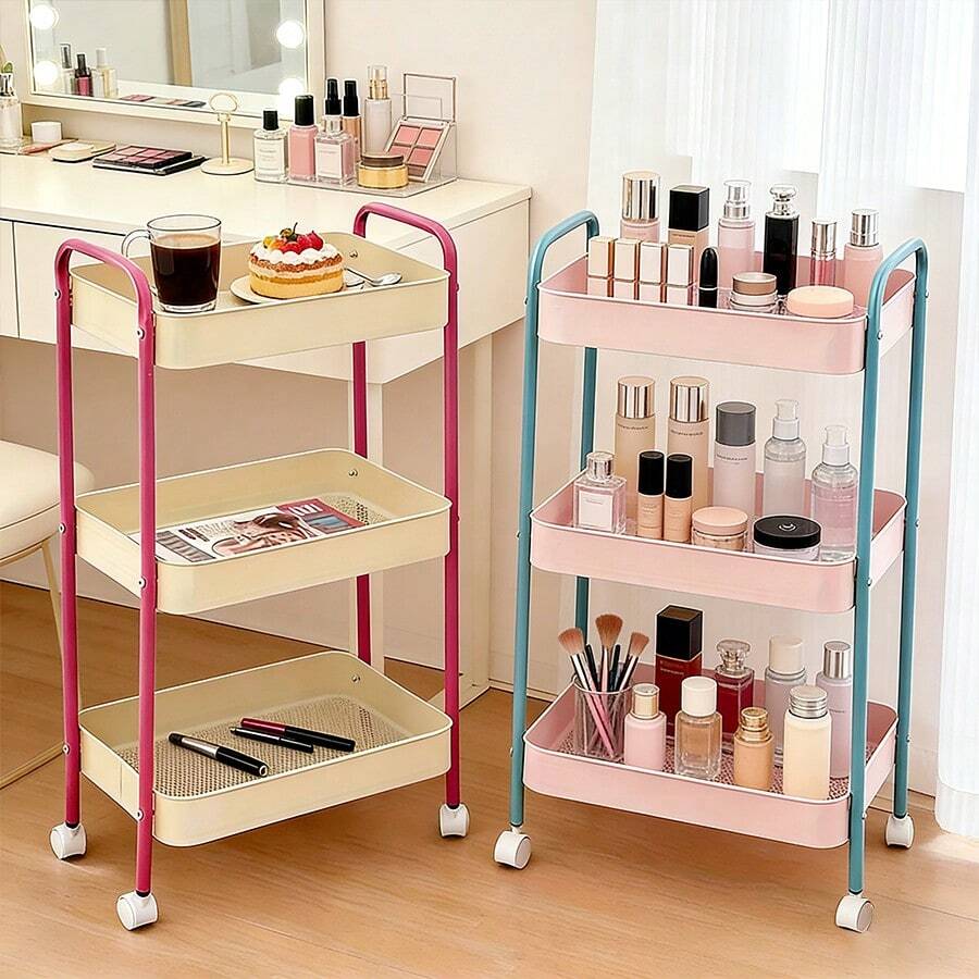 3-Tier Rolling Storage Cart | Multifunctional Makeup Organizer With Wheels | Bathroom & Kitchen Utility Trolley | Easy To Assemble - Multicolor - View 1