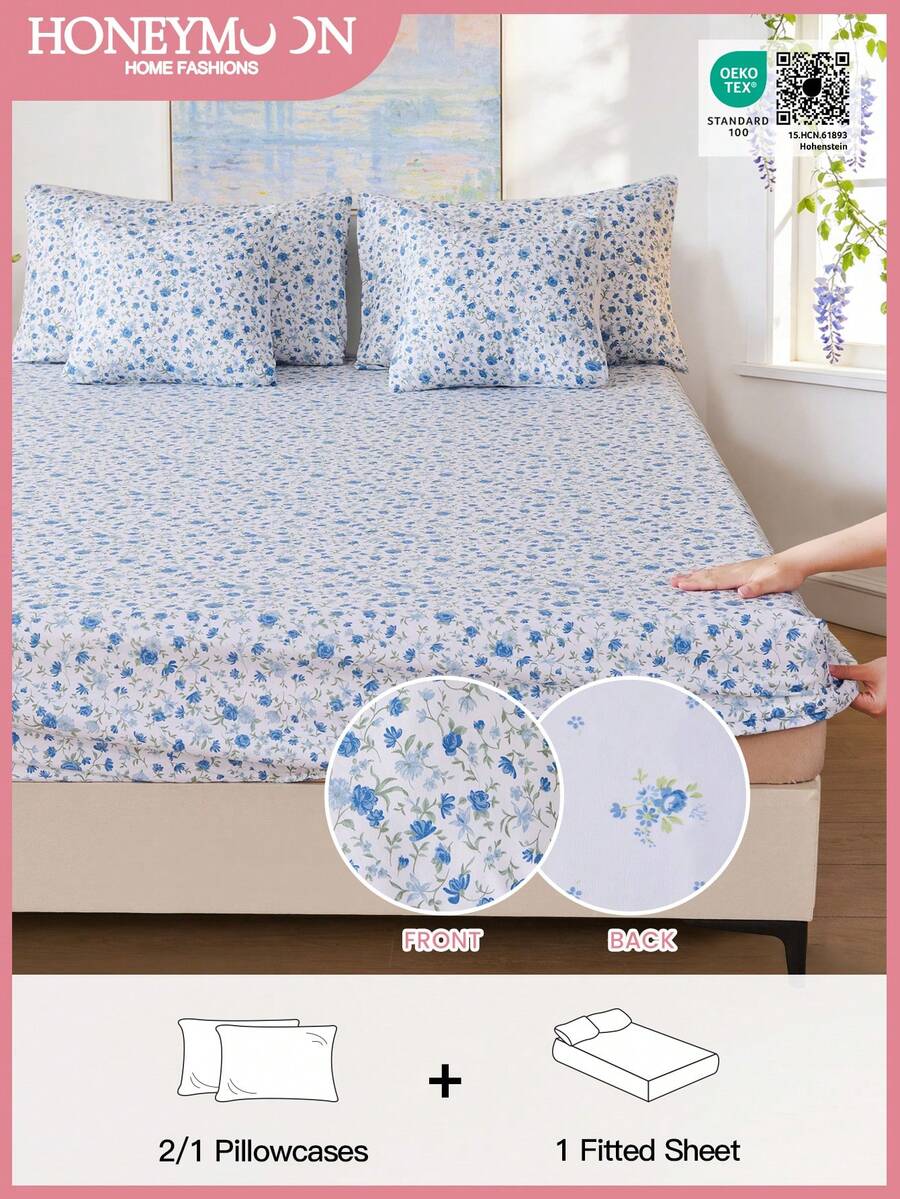 Bộ ga trải giường 3 món in họa tiết hoa - Vải nỉ polyester màu xanh dương, ga phủ nệm họa tiết hoa kèm 1/2 vỏ gối, phù hợp với nệm dày 9-12 inch, thích hợp cho gia đình và ký túc xá, đạt chứng nhận OEKO-TEX. - Nhiều màu - Xem 1