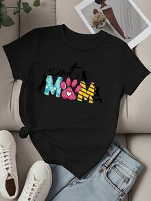 Cat Mom Paw Print Design Summer Short Sleeve T Shirt - 黑色 - 查看 2