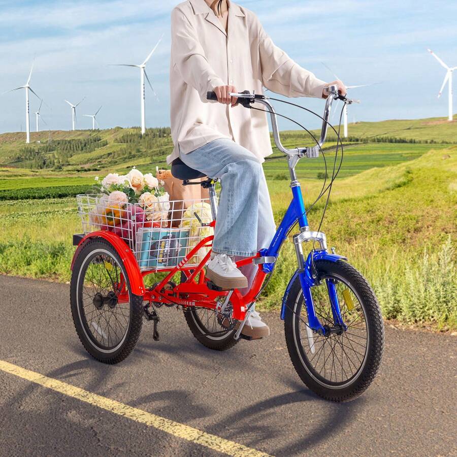 Folding Adult Tricycle, 20-Inch 7-Speed Adult Folding Trikes, Carbon Steel 3 Wheel Cruiser Bike With Large Basket & Adjustable Seat, Shopping Picnic Foldable Tricycles For Women, Men, Seniors - Đỏ - Xem 1