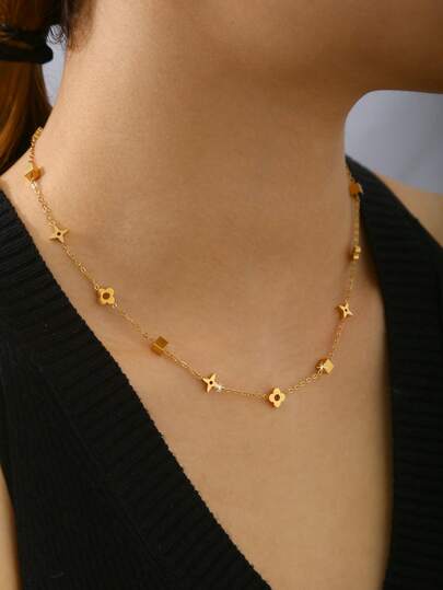 TONSI 1 pieza Collar elegante y minimalista de estilo vintage y de lujo, chapado en oro de 18K con acero inoxidable, con diseño geométrico de flor de cuatro hojas cuadrada. Collar tipo gargantilla hipoalergénico y versátil, adecuado para uso diario, commute, cumpleaños, fiestas, regalo para amigos y parejas.