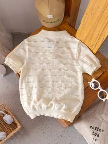 Boys' Solid Color Polo Collar Short Sleeve Hollow Knit Sweater, Pullover, Suitable For School, Everyday Wear, Spring, Summer, Autumn - Apricot - View 3