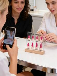 Personalized Customed Acrylic Nail Shape Display Stand-It Realistically Presents Eight Classic Nail Shapes (Round, Square, Arrow, Squoval, Oval, Coffin, Almond, Stiletto) With Vibrant Nail Polish, Crafted From Clear Acrylic And A Wooden Base. - Multicolor - View 4