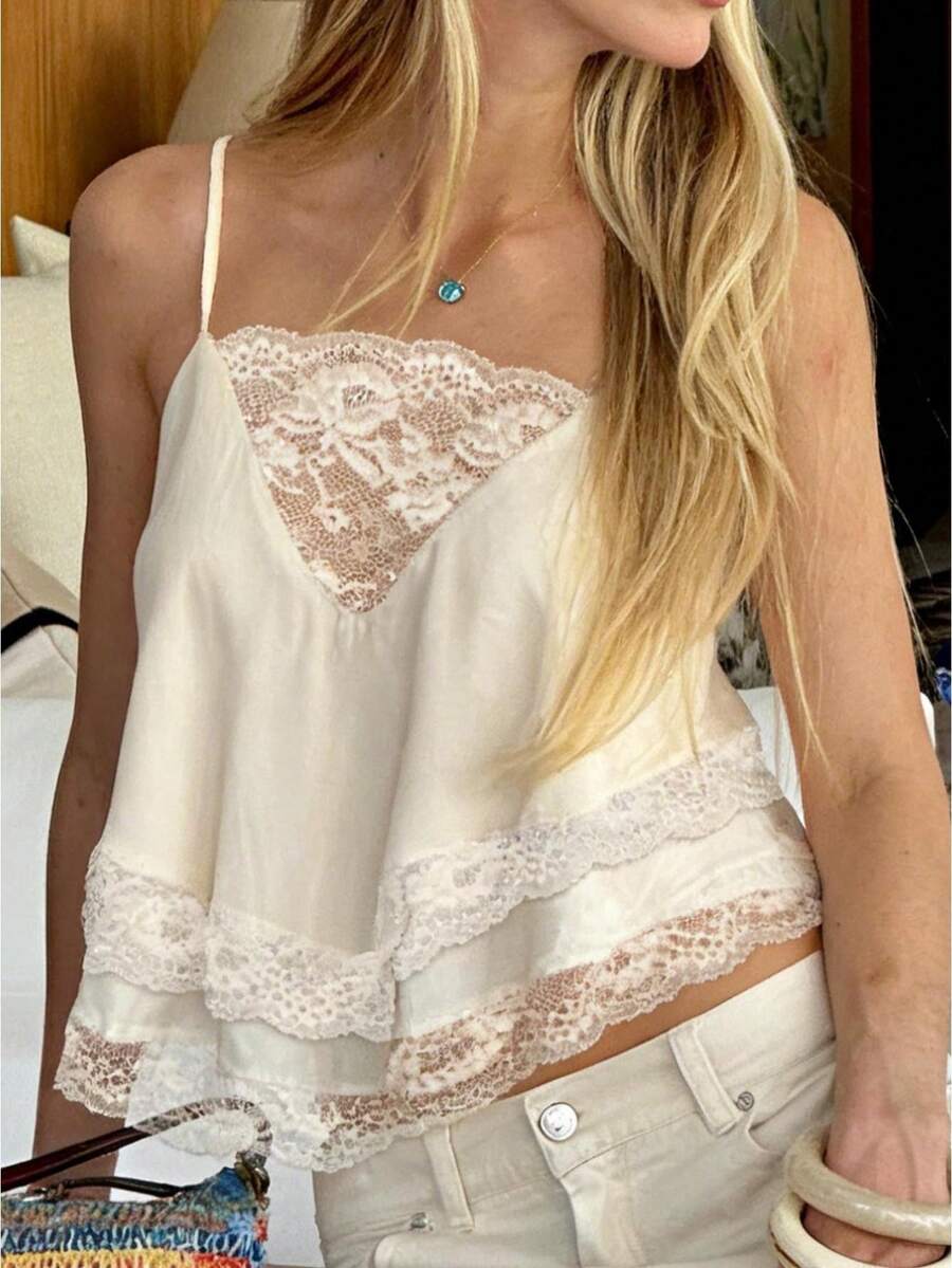 Womens Sheer Lace Camisole Top, Spaghetti Strap Sexy Transparent Tank For Party, Club, Summer Layering - White - View 1