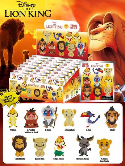 Disney 1개 공식 라이선스 라이온 킹 미스터리 벌크 3D 폼 백 클립 랜덤 1개 카툰 피규어 키링 심바 무파사 사라비 스카라브 나나 수집용 인형 키체인 엔터테인먼트 장식 지갑 배낭 장식 크리스마스 새해 친구 가족 기념일 선물
