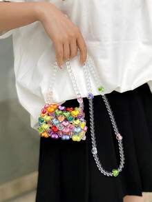 New Mini Cute Acrylic Crossbody Bag Colorful Beaded Handbag, Colorful Purse For Women,Valentine's Day Gift Colorful Beaded Heart Bag For Women Y2K Aesthetic Handmade Love Shaped Crossbody Purse Sparkly Transparent Chain Shoulder Bag Fashion Party Mini Bead Bag - 彩色 - 查看 2