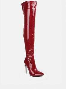 Riggle Long Patent Pu High Heel Boots - Burgundy - View 2