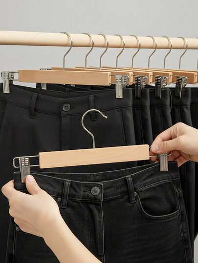 5pcs Wooden Pant/Clothes Hangers With Clips, Non-Slip Pants/Clothes Hangers - Multifunctional Garment Clips For Closet Storage, With 360° Hooks, Strong Clips, Suitable For Jeans, Pants, Skirts, Jackets - 1/3/5pcs