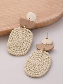 一对手工制作的独特椭圆形编织吊坠几何拼接效果耳环，四季皆宜，适合海滩、派对和日常佩戴。 - 卡其色 - 查看 3