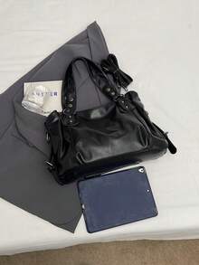 Vintage Large Capacity Hobo Bag - Soft Vegan Faux Leather , City Vintage Shoulder Bag For Women,  Large Capacity Hobo Crossbody Bag, Fall Fashion Casual Handbag, Shoulder & Crossbody Purse, Retro Y2K Style For Fall, Casual Tote For School, Office, And Streetwear - 黑色 - 查看 8