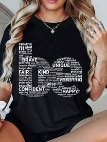Women'S Black Motivational Word Print T-Shirt - Positive Affirmation Short Sleeve Round Neck Top With Kindness, Confidence & Happiness Phrases, Casual Comfortable Casual Attire, All-Season Inspirational Gift Apparel - 黑色 - 查看 1