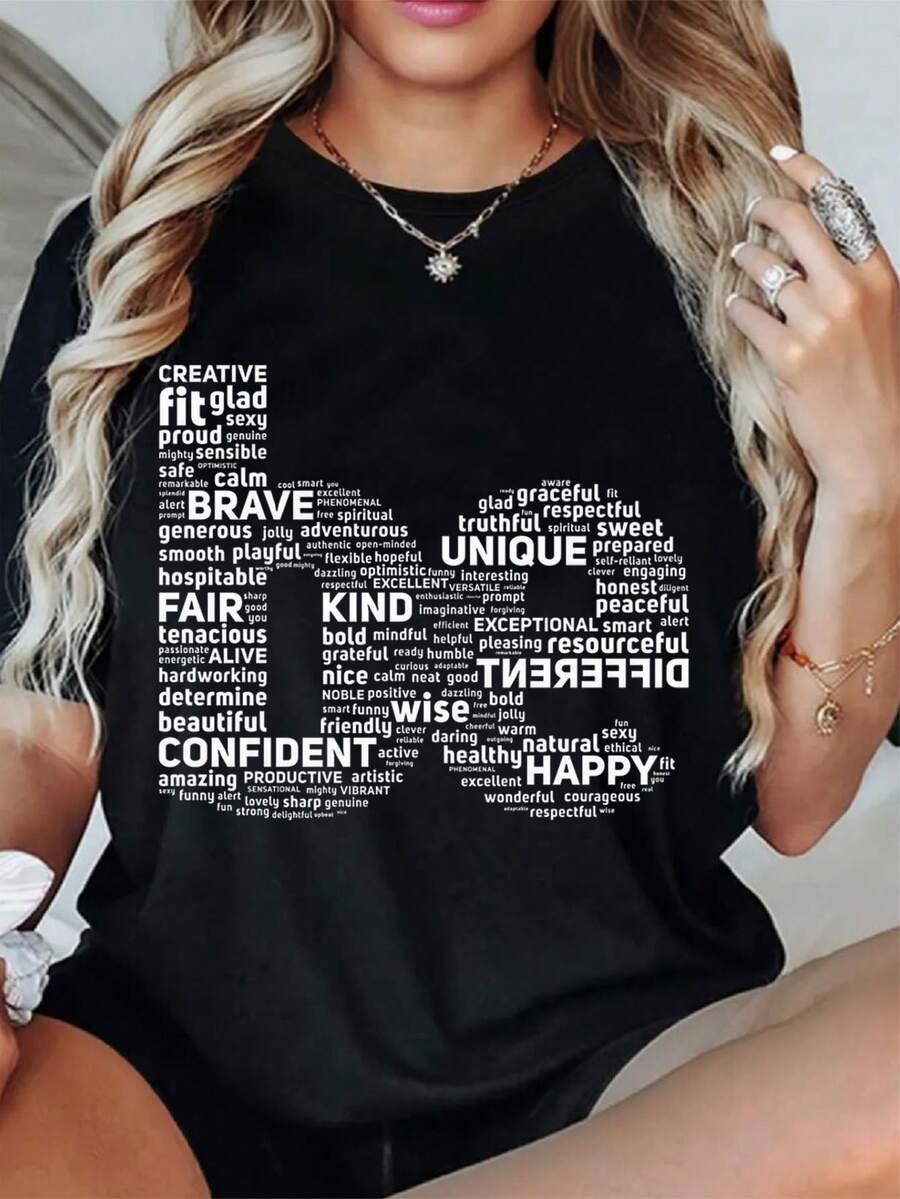 Women'S Black Motivational Word Print T-Shirt - Positive Affirmation Short Sleeve Round Neck Top With Kindness, Confidence & Happiness Phrases, Casual Comfortable Casual Attire, All-Season Inspirational Gift Apparel - 黑色 - 查看 1