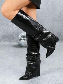 Women's Knee High Fold Over Slouchy Shark Boots Fashion Pointed Toe Block Thick High Heels Pull On Party Dress Punk Pleated Fall Boots Woman - 黑色 - 查看 5
