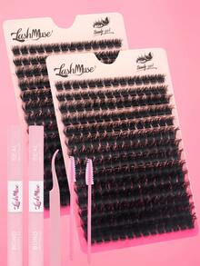 392pcs/196pcs Fluffy DIY Cluster Lashes, 150D Lash Clusters, 0.39–0.71inch Mixed Length Lash Extension, 0.07mm Russian DD Curl, Thick And Reusable Dramatic Lashes, Easy For Beginners, Includes Lash Glue, Tweezers - 黑色 - 查看 4