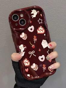 Cake Cream Wavy Edge Burgundy Minimalist Shockproof Thick Phone Protective Case With Printed Design, Suitable For IPhone 17/17 Pro/17 Pro Max, 16 XR/7/8, 15 Pro Max, 12 Pro Max, 13 Pro Max, 14 Pro Max, 13, 14, 11, 12, P11, P12, XS, XR, 7/8 Plus, 7/8 GES2 - Multicolor - View 4