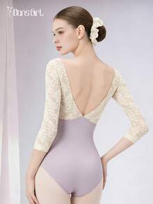 DonsGirl Women's One-Piece 3/4 Sleeve Lace Patchwork Ballet Leotard Performance Outfit Spring - Lilac Purple - View 3